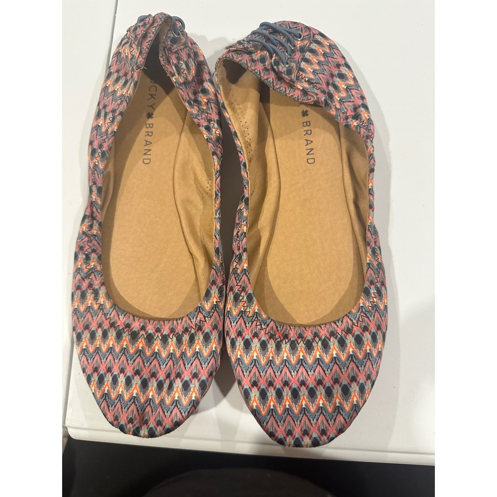 Lucky Brand Emmie Ballet Flats Ikat Chevron Multi Color Lace Up Heel Womens 9.5M